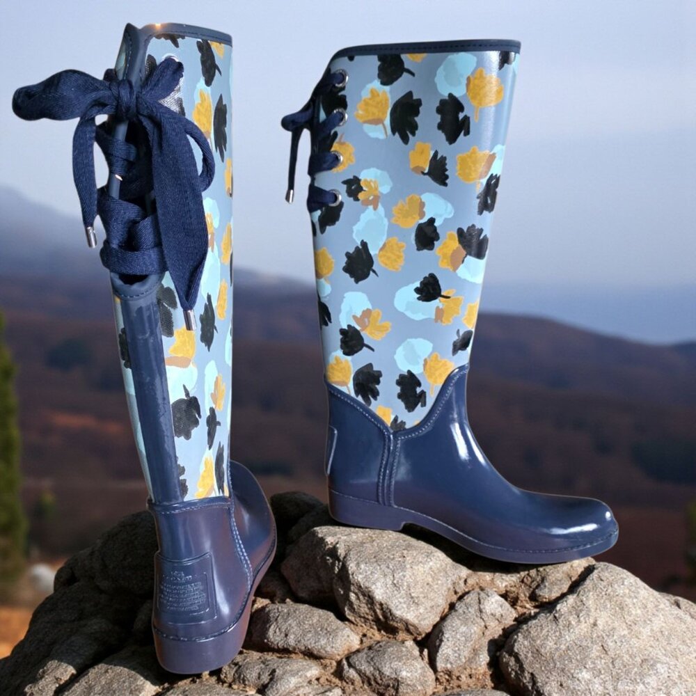 COACH (8) Rain Boots Midnight Navy Corn Powder Blue Lace in Back Boots